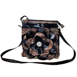 Unbranded Camo Black Floral Applique Crossbody Bag Rhinestone Flower Purse